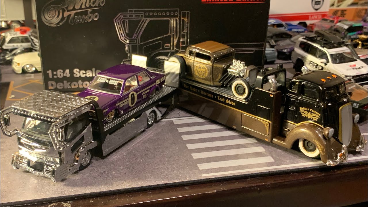 1/64ライジン風デコトラ積載車、ホットロッド積載車開封 マイクロ