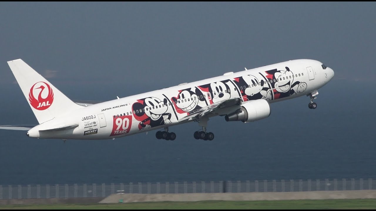 JAL Mickey 90 Years Livery Boeing 767-300ER JA602J Takeoff from