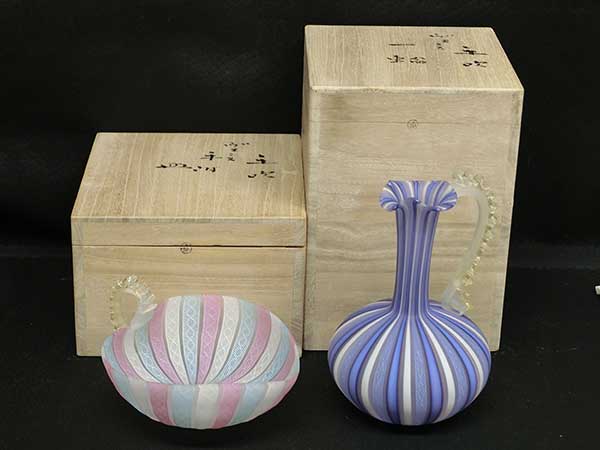 ▽藤田喬平 花瓶 手吹 ガラス フラワーベース 箱付き 手吹 朱金彩花瓶