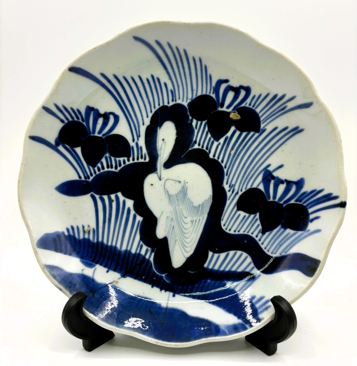 後期伊万里 志田窯大皿 染付菖蒲に鷺文皿 - 古美術 美養