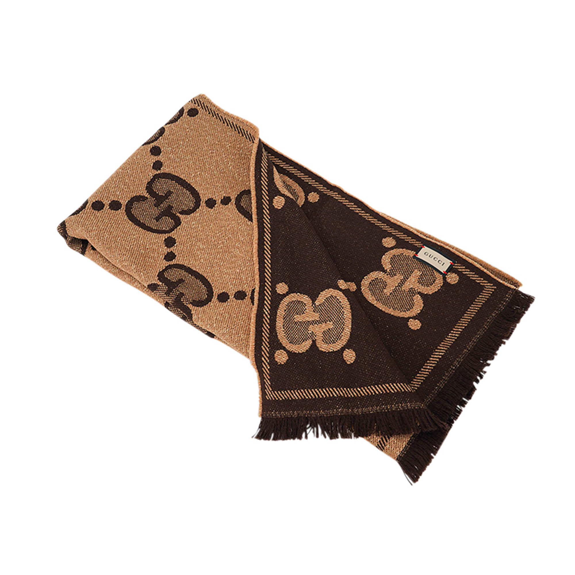 Gucci Lady Nest Lux Fringed Metallic Scarf in Brown and Camel
