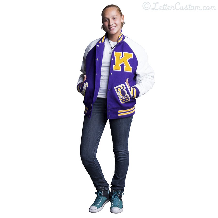 White Leather & Violet Purple Gold Wool Varsity Letter Jacket
