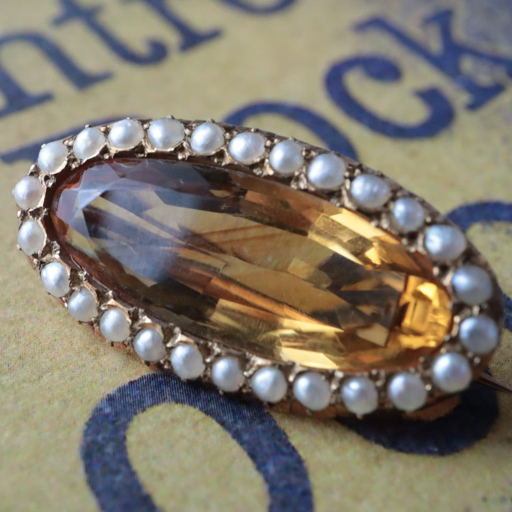 ヴィクトリアンブローチ マーキスカットシトリン＋シードパール