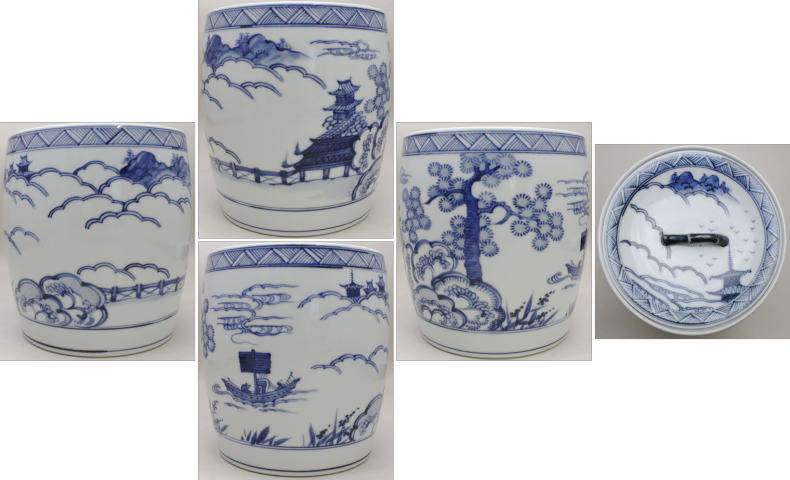 茶道具 染付 桜川 櫻川 水指 共箱 膳所焼 五角 水差 水入れ 岩崎新定