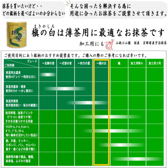 抹茶/MATCHA/powdered grenn tea】 槇の白 300g入り 山政小山園 薄茶用