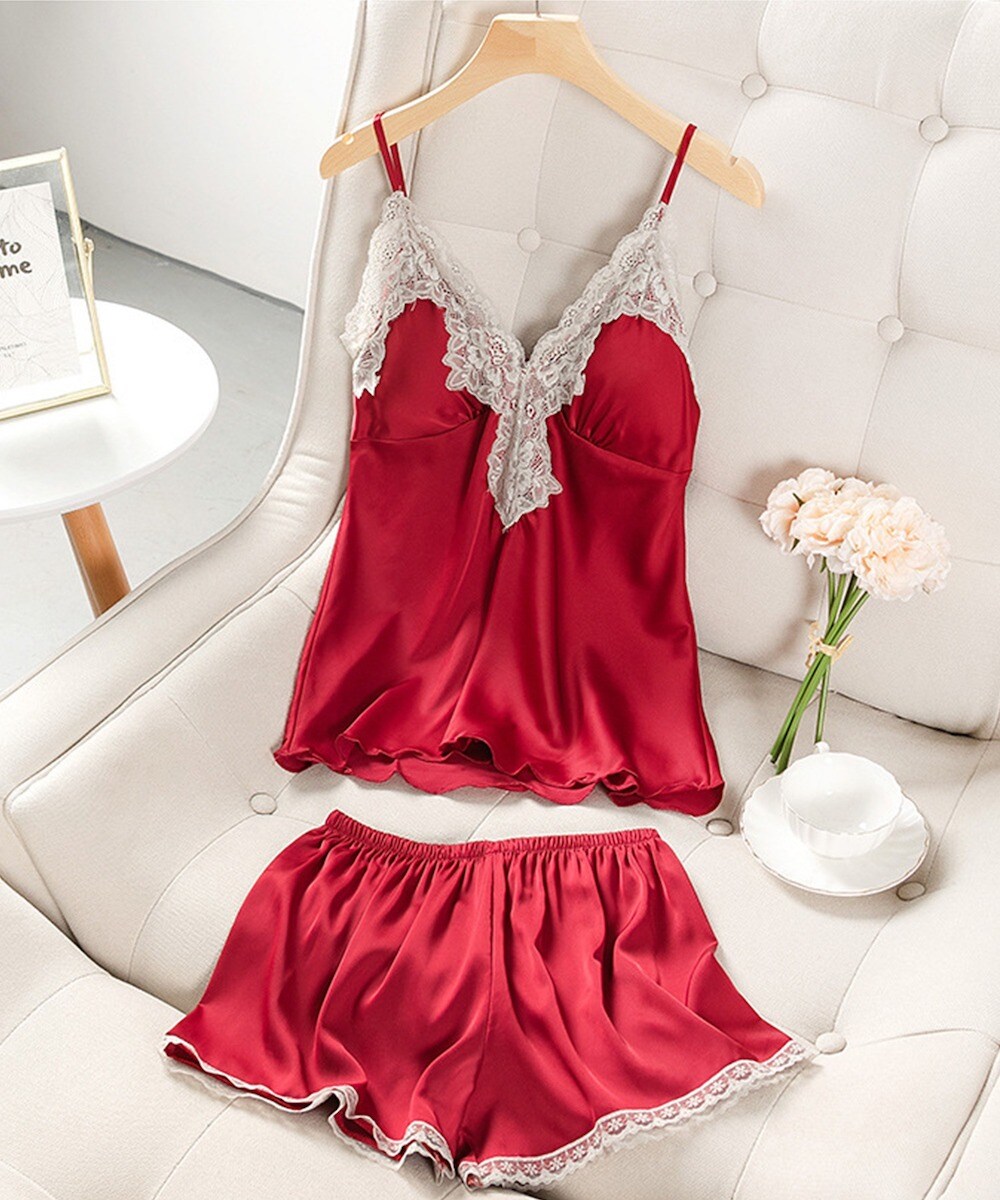 サテンランジェリー/ベビードール/セクシーキャミソールショートパンツ