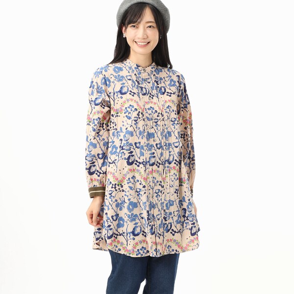コットンシャーリング リーフフラワープリントチュニックブラウス
