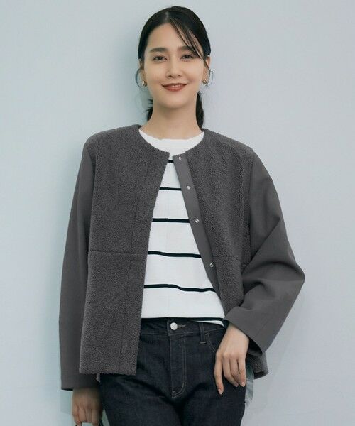 洗える】ボアコンビ アウター （ノーカラージャケット）｜自由区