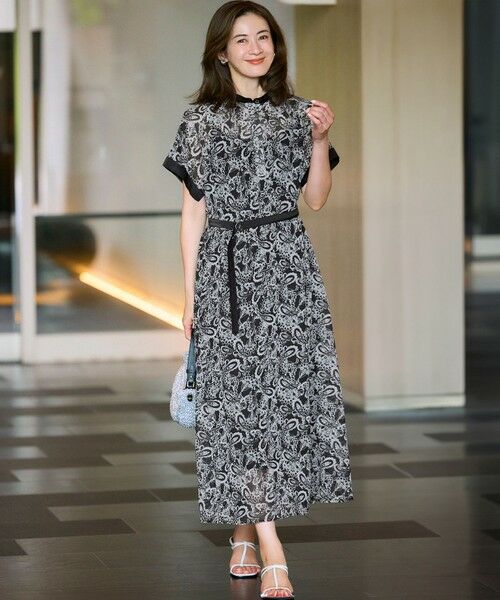 一部店舗限定/速乾性/洗える】モノトーンプリント ワンピース （ロング