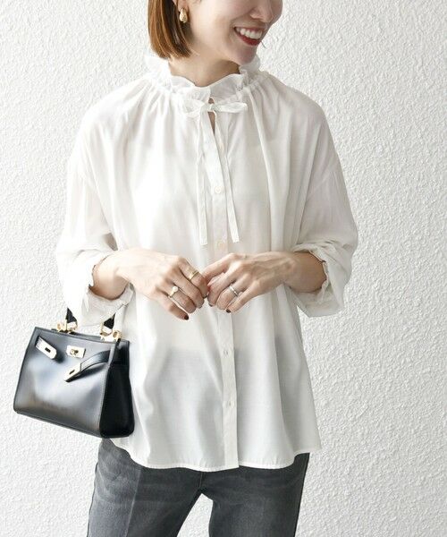 セール】 SHIPS any:〈手洗い可能〉スタンドカラー フリル リボン