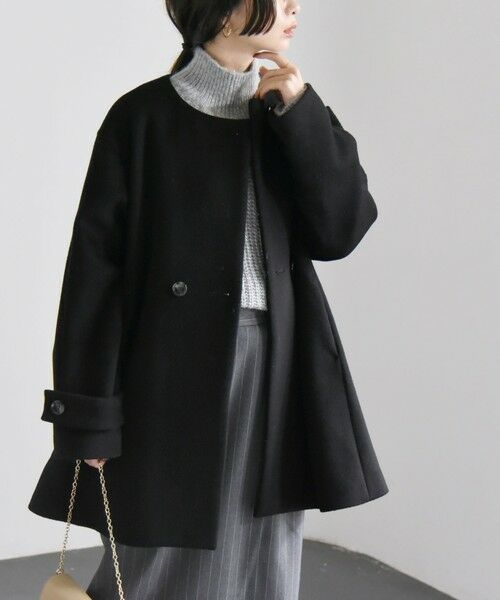 セール】 quaranciel: ウール ノーカラー ダブルフロント ミドル