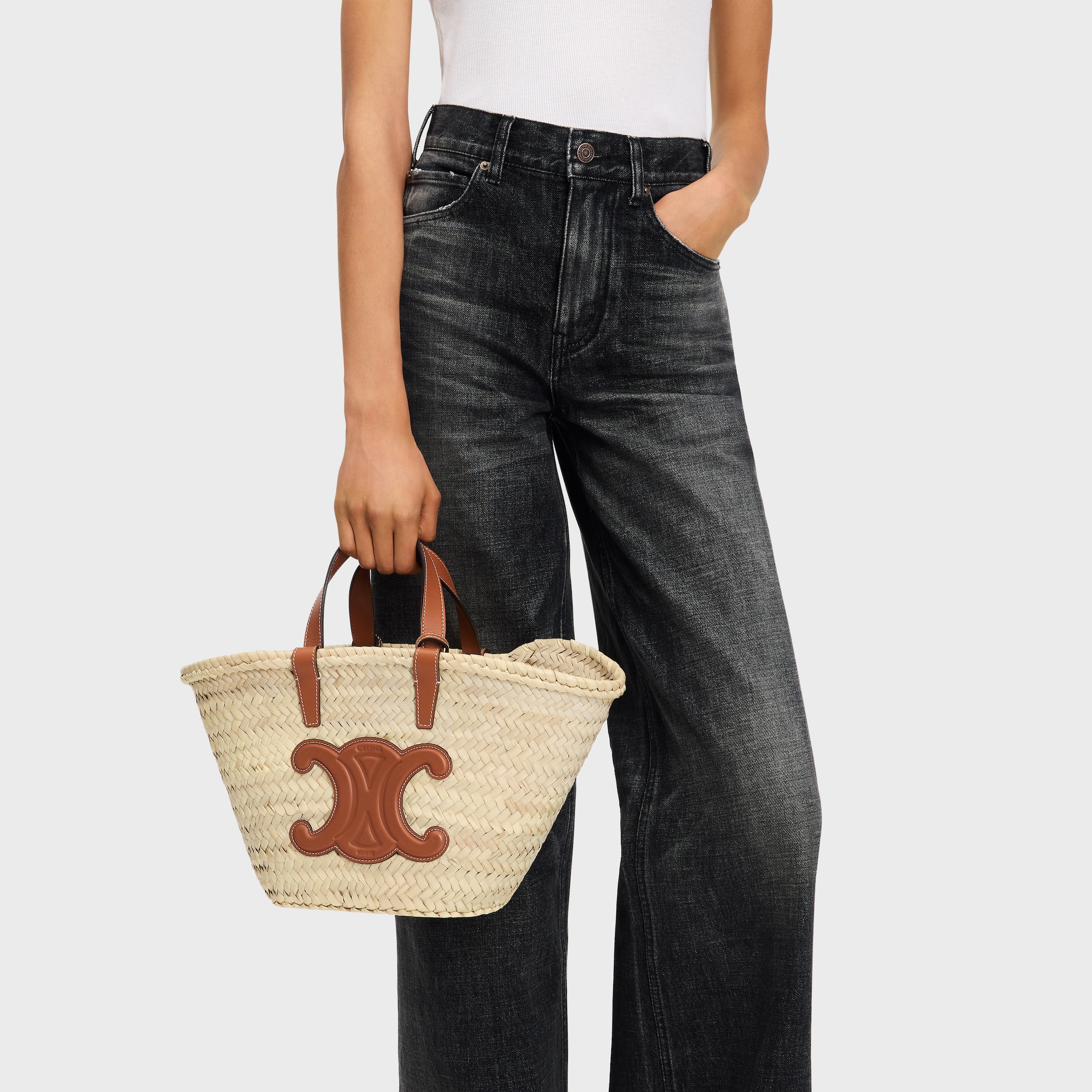 ティーン CELINE クラシック パニエ / ラフィア＆カーフスキン - タン