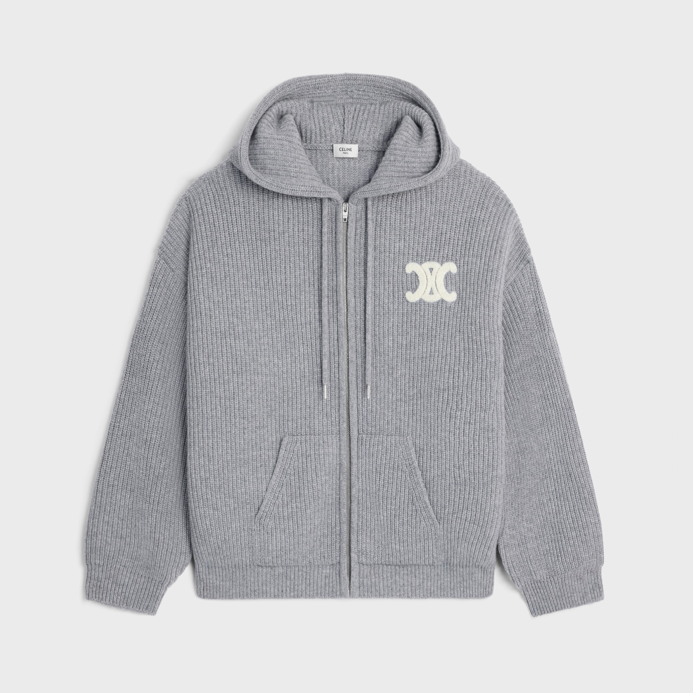 フード付きカーディガン / リブ編みウール - ミディアムグレー | CELINE