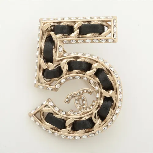 シャネル ココマーク No.5 GP×ラインストーン×革 ブローチ B23P