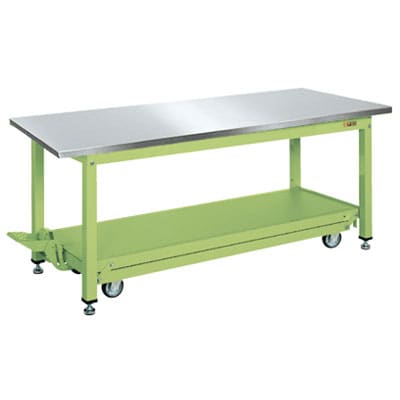 送料無料】 サカエ 中量作業台KVタイプ・ペダル昇降移動式(ステンレス