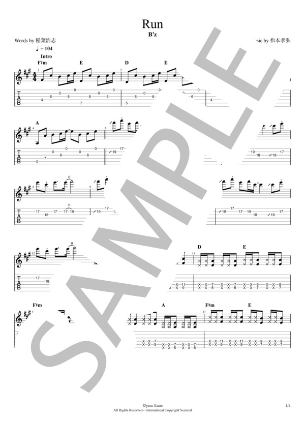 楽譜】RUN エレキギタースコア タブ譜 / B'z (エレキギター / 中〜上級