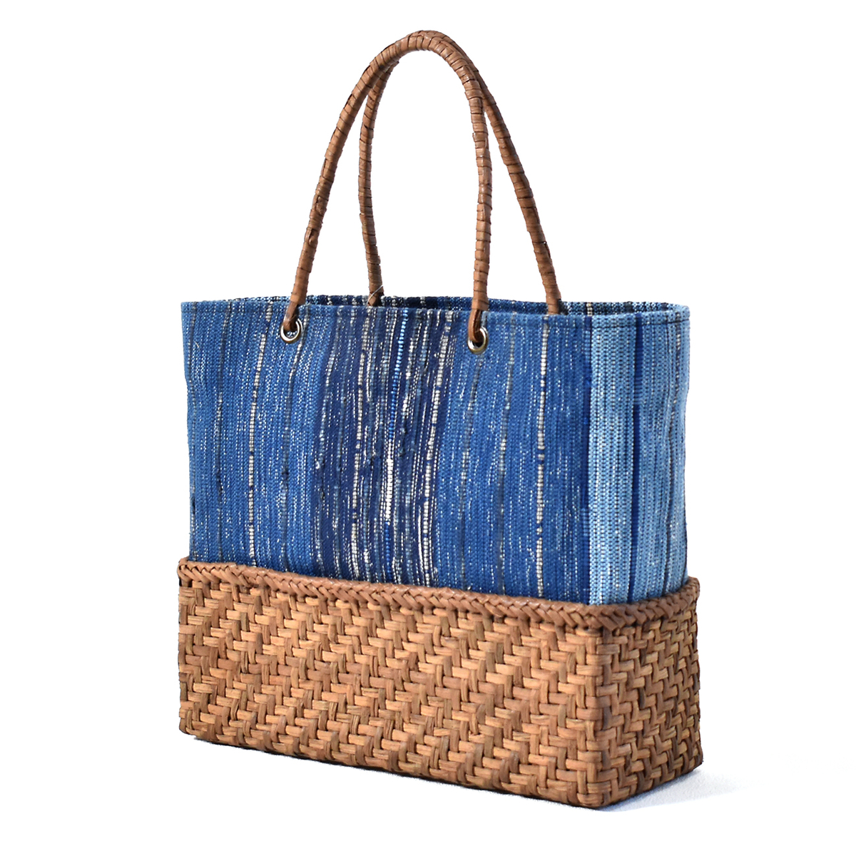 国産】山ぶどう蔓カゴバッグ「裂織トート・大（藍）」No.3840