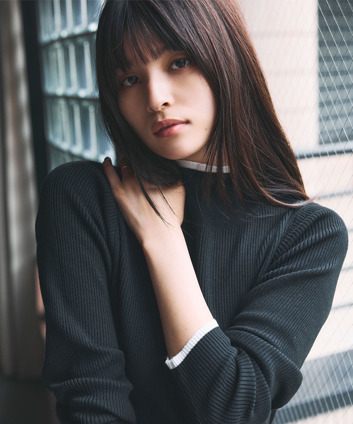 配色リブハイネックニットプルオーバー