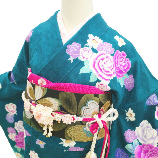 中古美品紫色の鶴と花の金彩友禅中振袖 と袋帯 長襦袢の3点セット