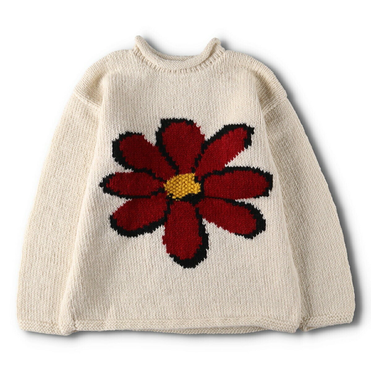 生成り フラワー エクアドルニットタイプ ロールネック ウールニット