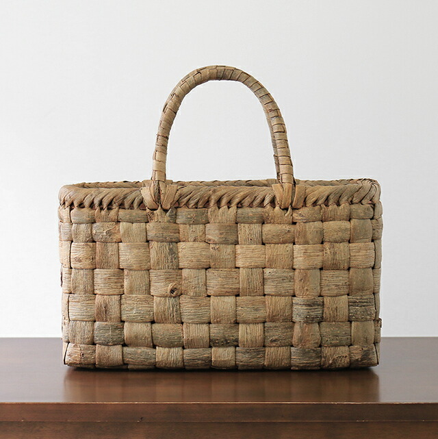 太ひごのくるみ籠(国産材/表皮/市松編み/横長/中サイズ/柿渋染ふた・内