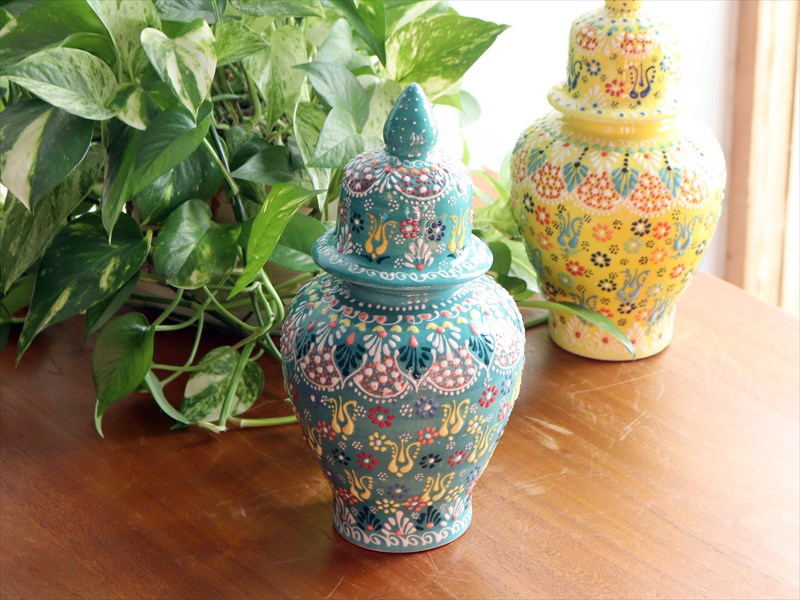 楽天市場】トルコ陶器 蓋つき壺 高さ25×直径11cm フラワーデザイン