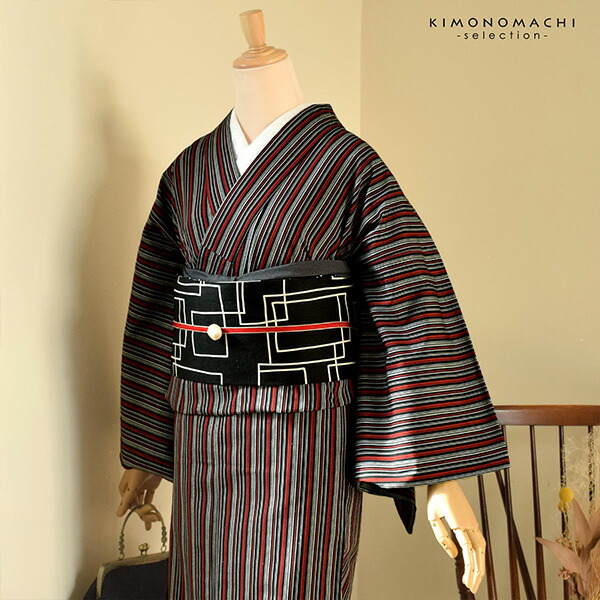 三河木綿 洗える着物 単品「黒、赤、白 縞」お仕立て上がり 木綿きもの