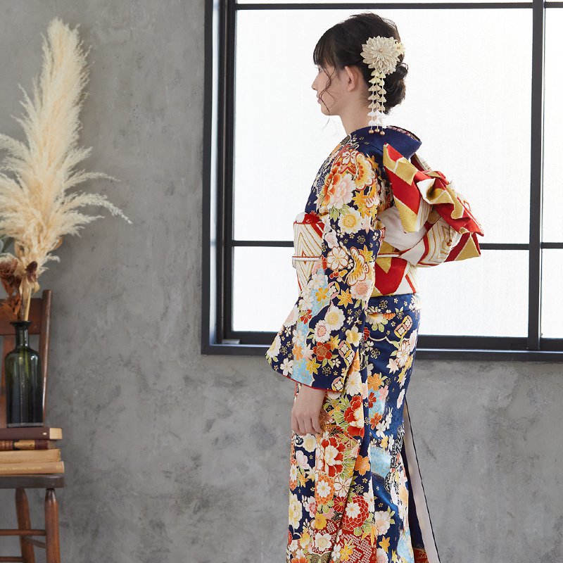 楽天市場】【成人式 振袖 レンタル】RS1451 正絹 紺 流水古典花フル