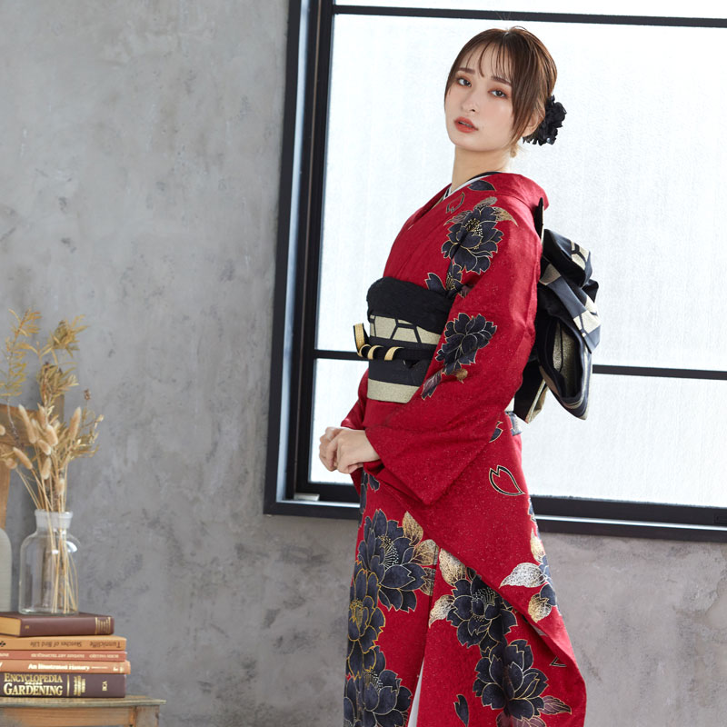 楽天市場】【成人式 振袖 レンタル】RS1328 正絹 赤 黒牡丹フルセット