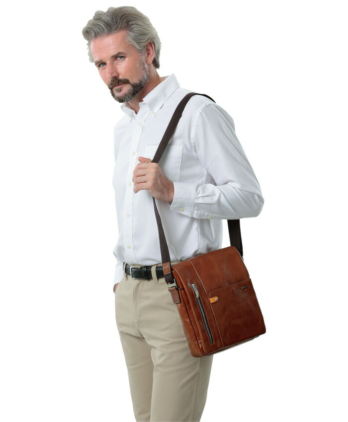 イタリア製バケッタレザーフラップショルダーバッグ/本革グレン