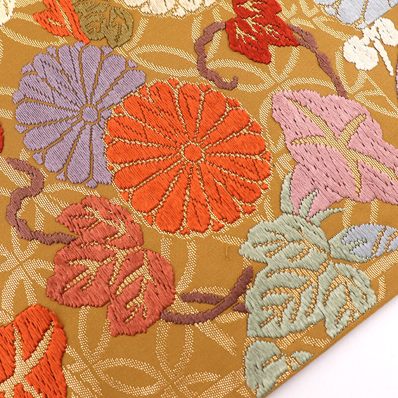 中古】 袋帯 礼装用 正絹 六通柄 金茶 朝顔 菊 桐 唐織 豪華 長さ428cm