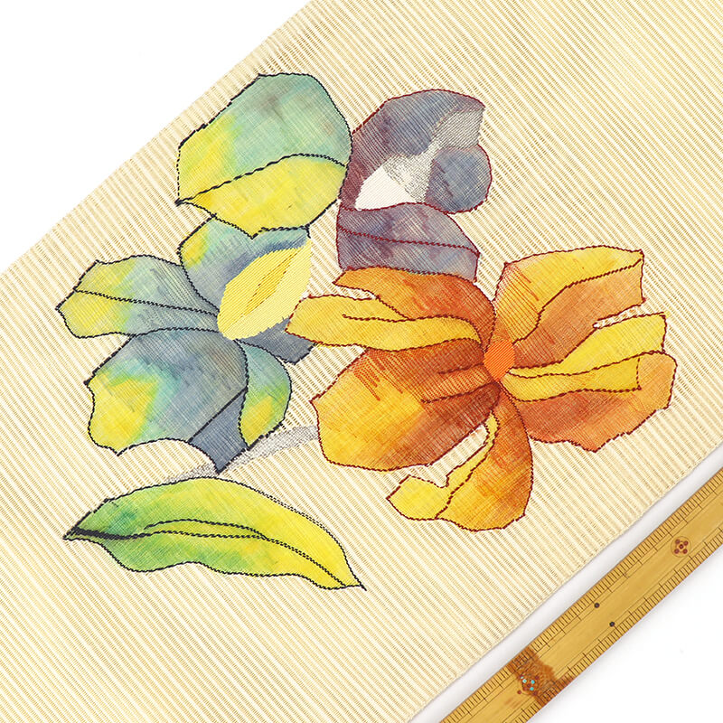 中古】 夏帯 夏名古屋帯 絽綴れ 正絹 八寸帯 お太鼓柄 白ベージュ 菖蒲