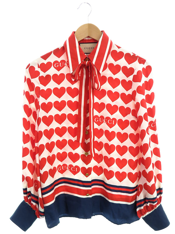 GUCCI】グッチ『ハートプリント ボウタイ付 シルク 長袖ブラウス