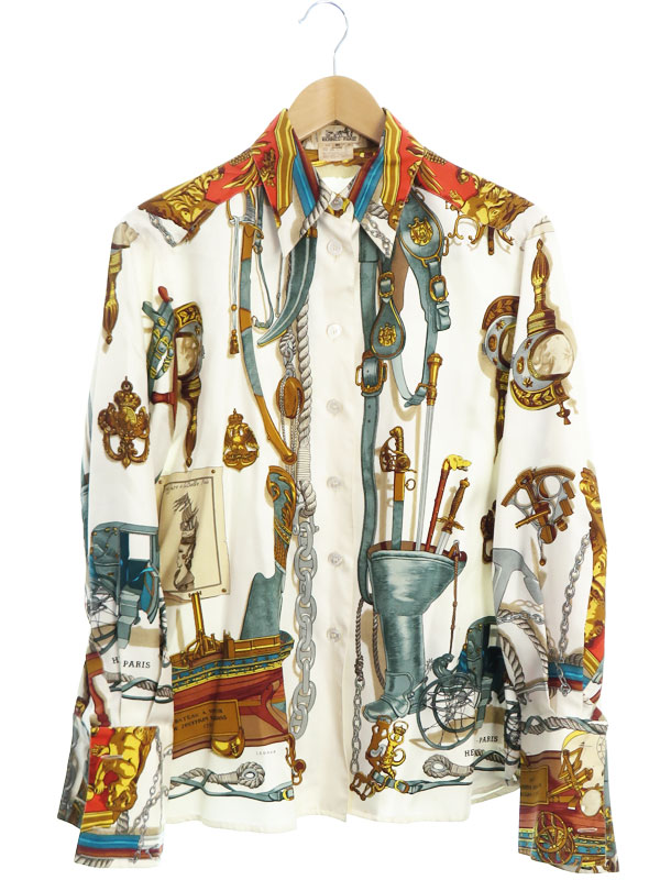 HERMES】エルメス『シルク 長袖シャツ MUSEE 博物館 size40
