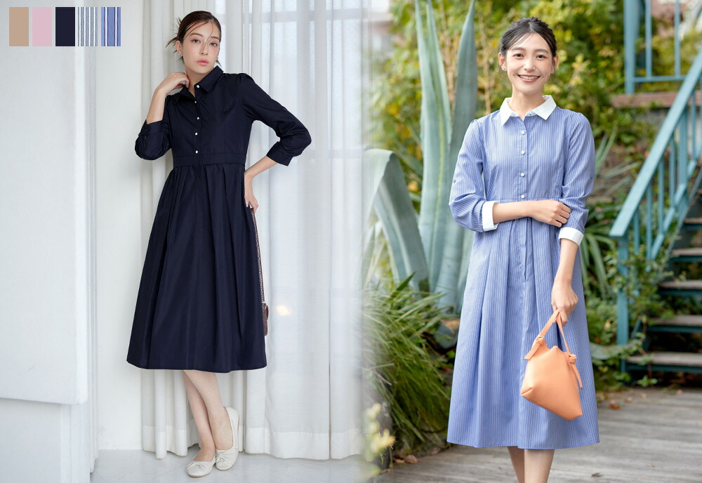 楽天市場】パール釦フレアシャツワンヒピース レディース ワンピース