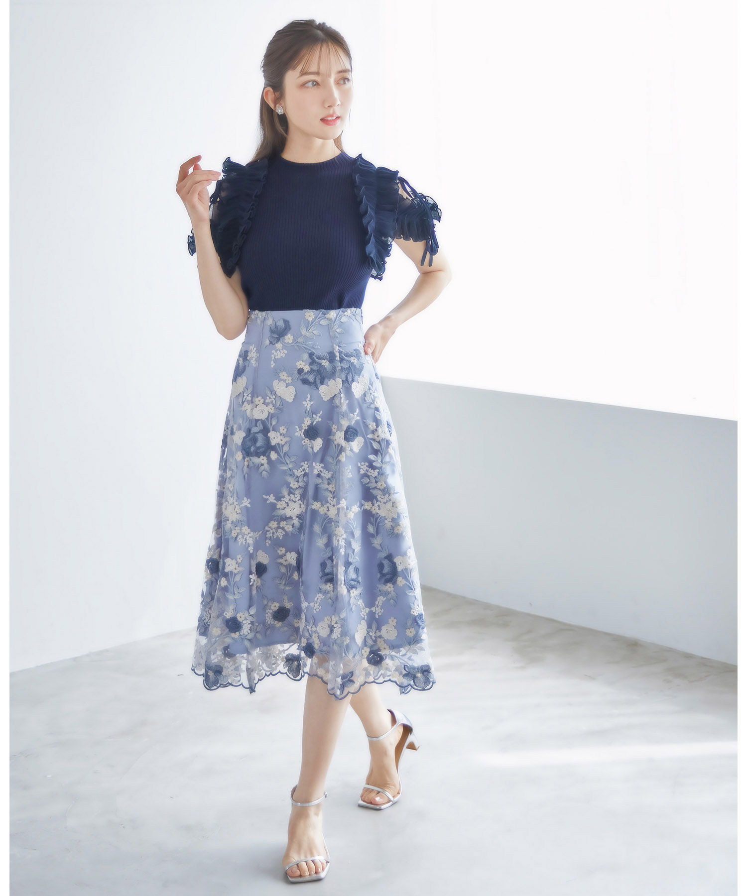 りぼん付きプリーツシフォンフリル切り替えリブニットプルオーバー