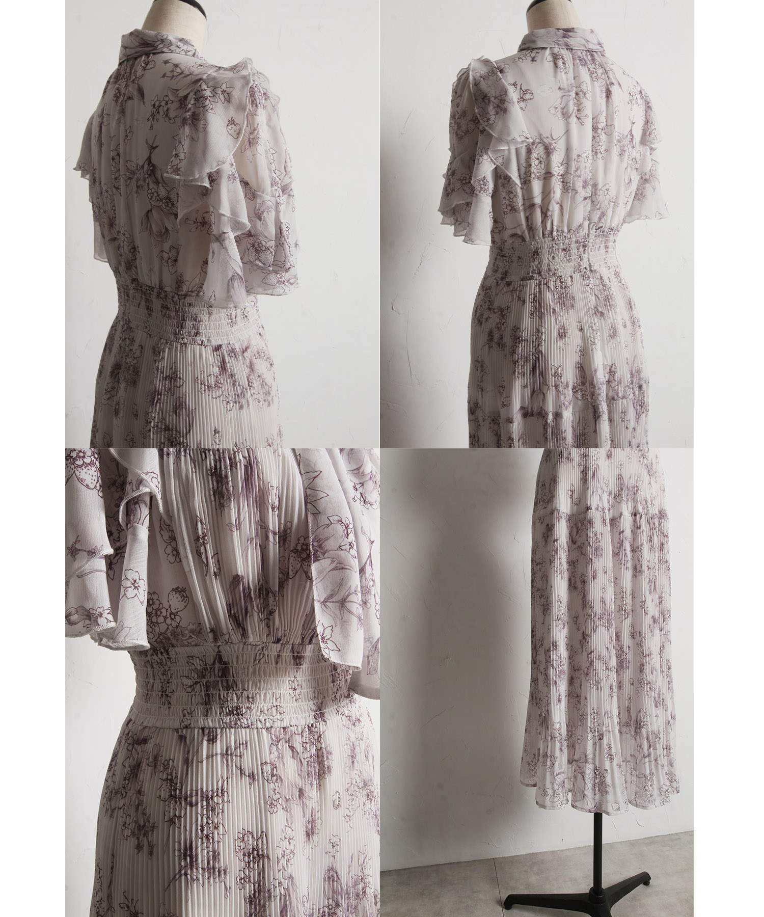 2WAYボウタイリボン付きストロベリー×フラワープリントプリーツ