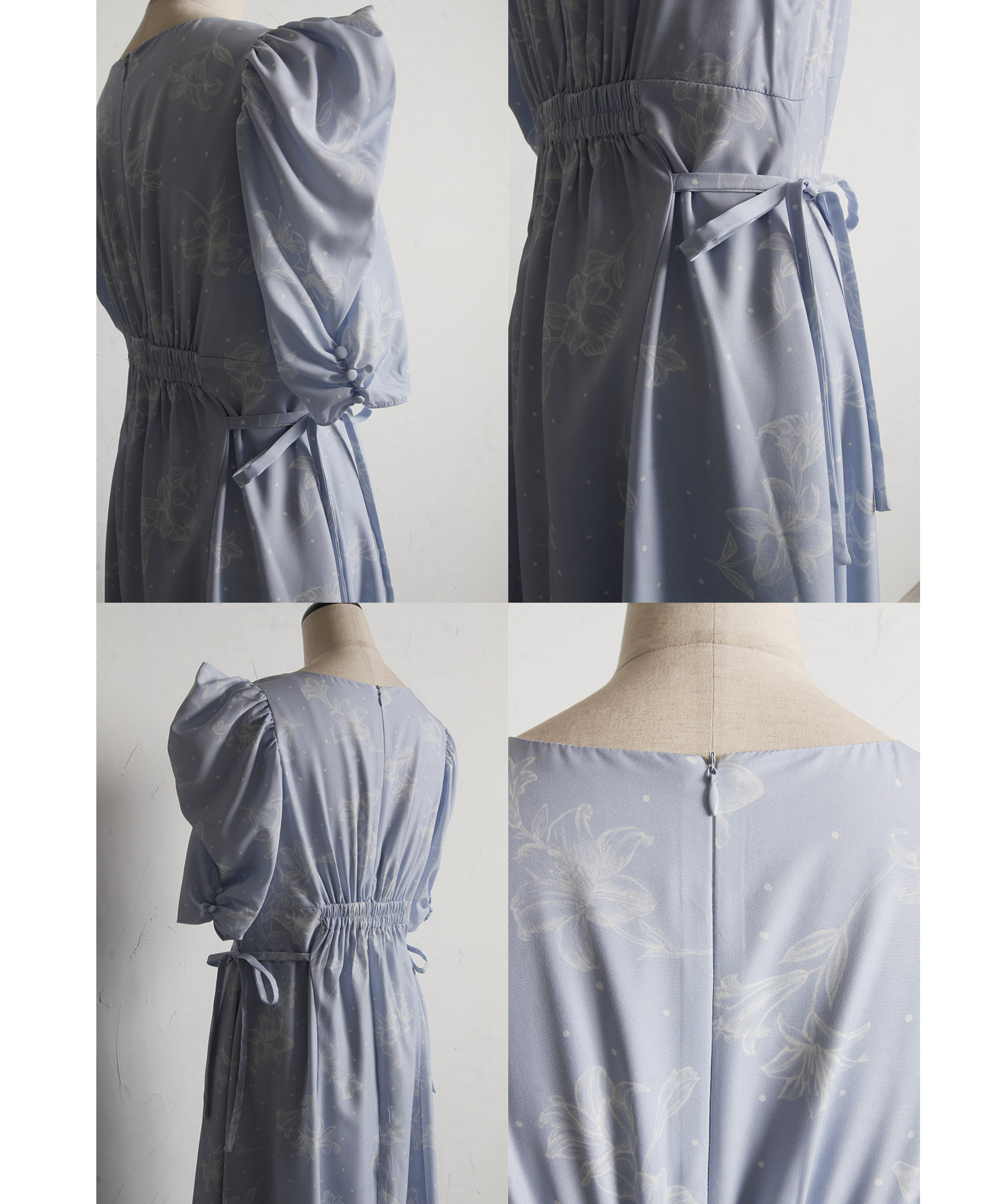 サイドリボン付きパワーショルダーフラワープリントワンピース