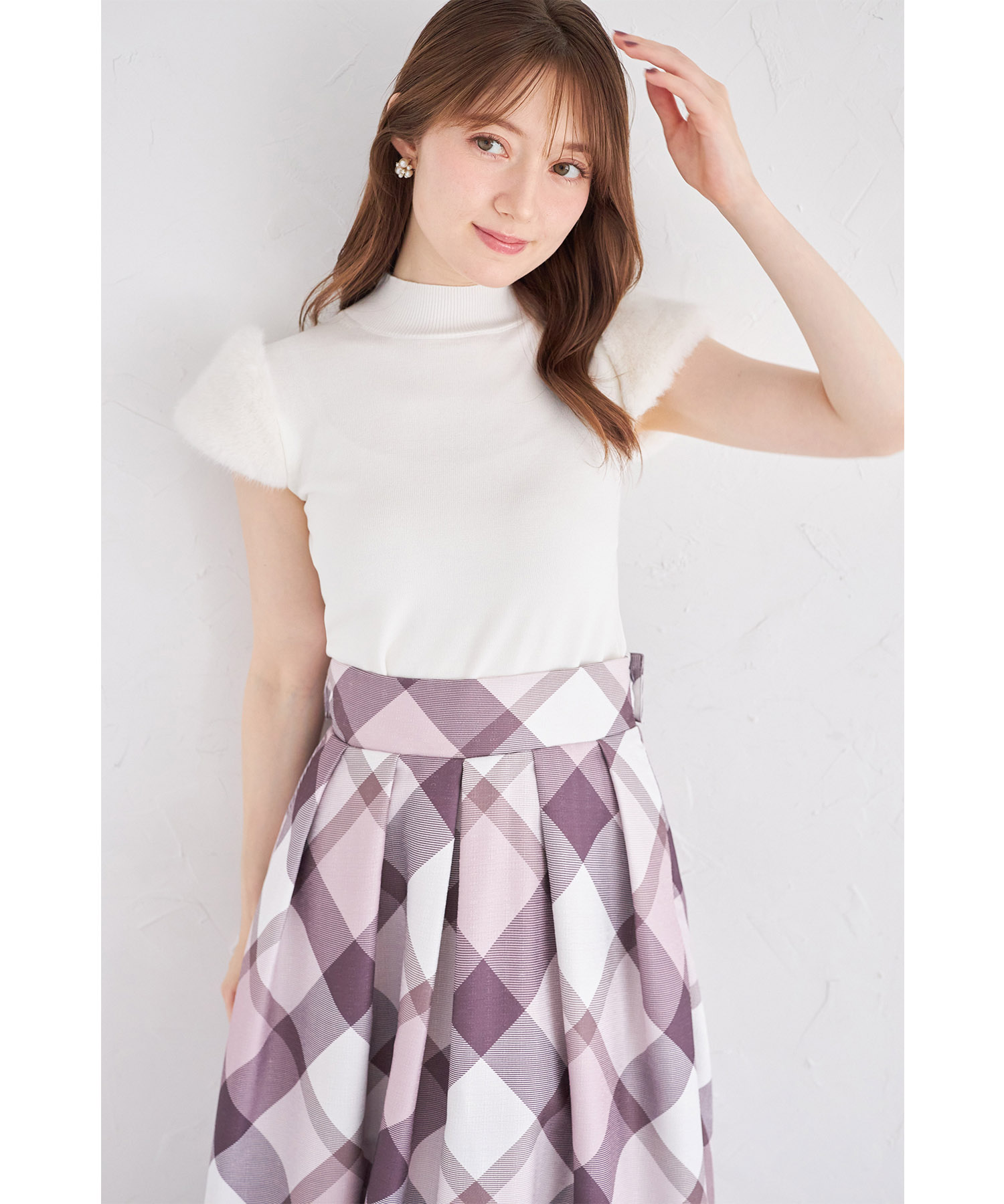 3WAYリボン付き後ろチュールフリル切り替えチェックプリント