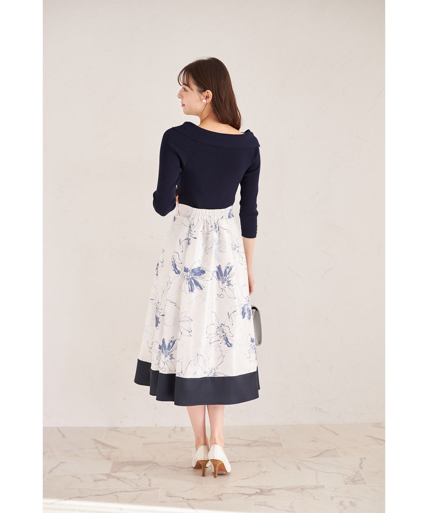 配色フラワープリントフレアスカート