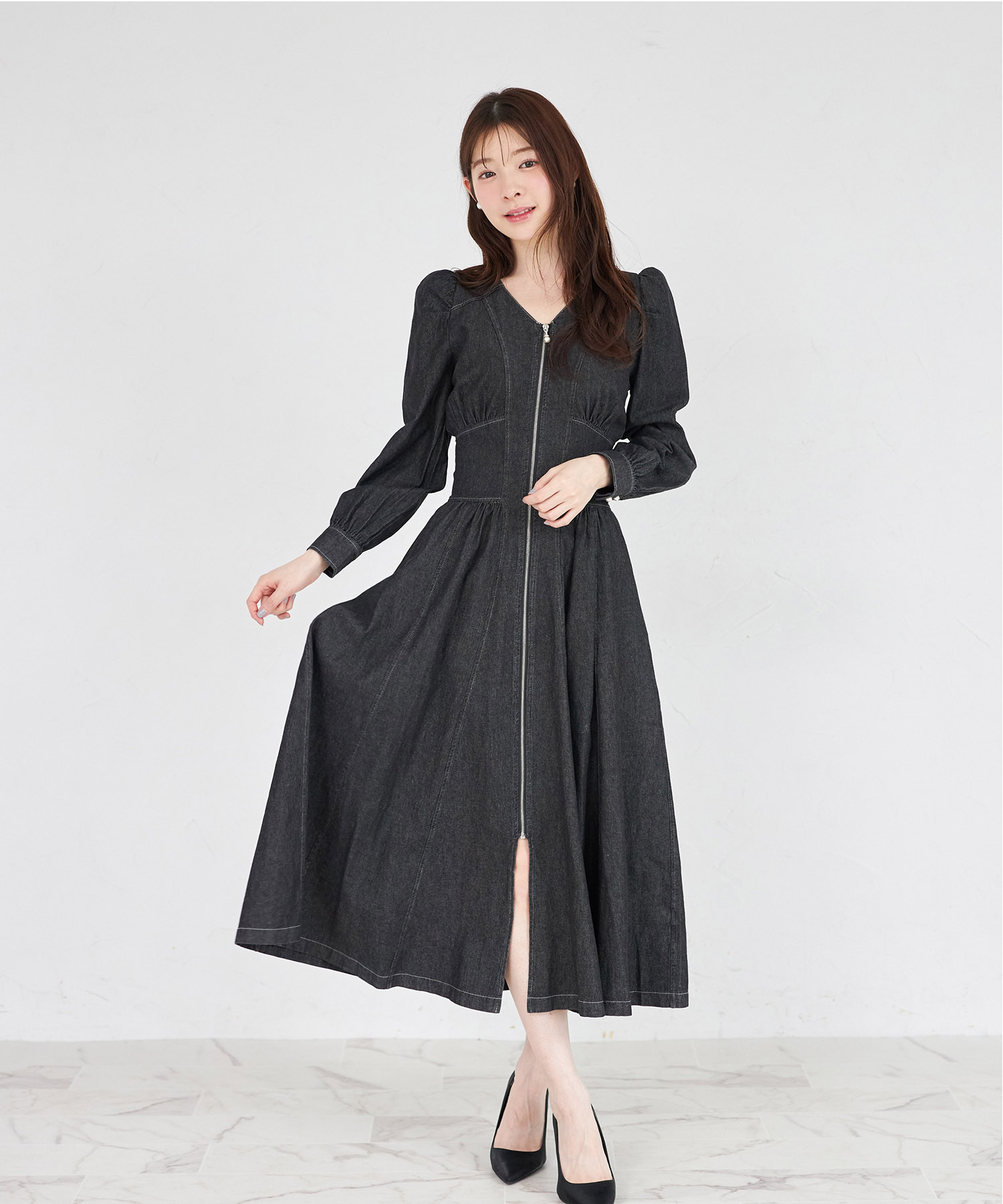 パールジップコルセットライクデニムワンピース