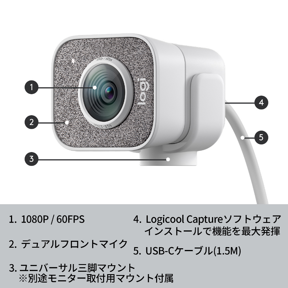 ウェブカメラ マイク内蔵 USB-C接続 StreamCam ホワイト C980OW ［有線