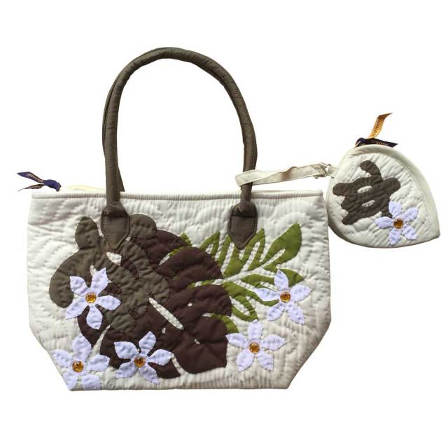 ハワイアンキルト バッグ モンステラ×ホヌ×ティアレ柄 ポーチ付き