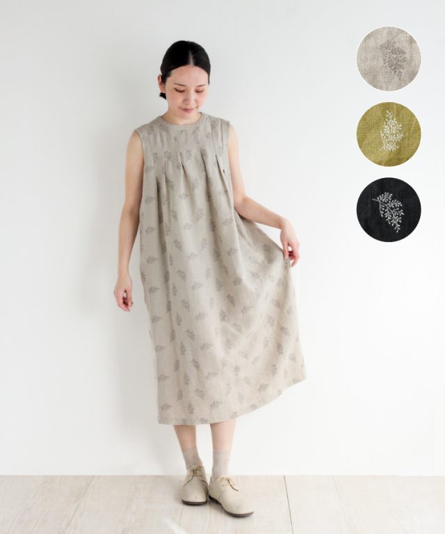 nofl】リネンリーフ刺繍ノースリーブワンピース 644208440