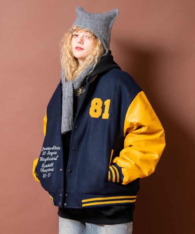 チェーンステッチ刺繍サガラワッペンウール＆合成皮革切替キルティング