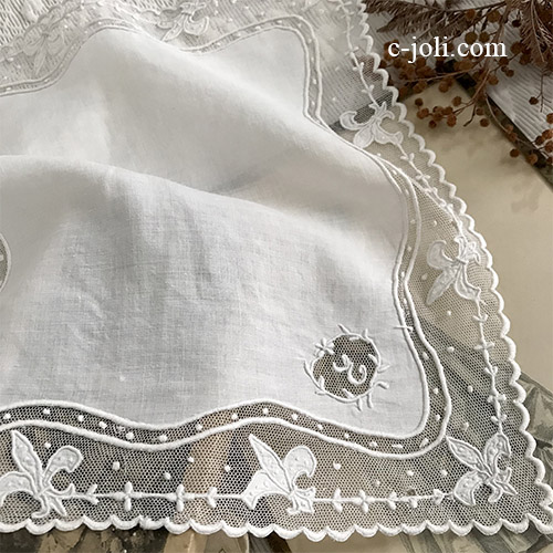 パリ発送】E1061 フランスアンティークレース＆リネンハンカチ リネン