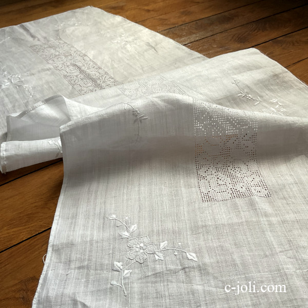 パリ発送】T3181 フランスアンティークリネンテーブルランナー ドロン