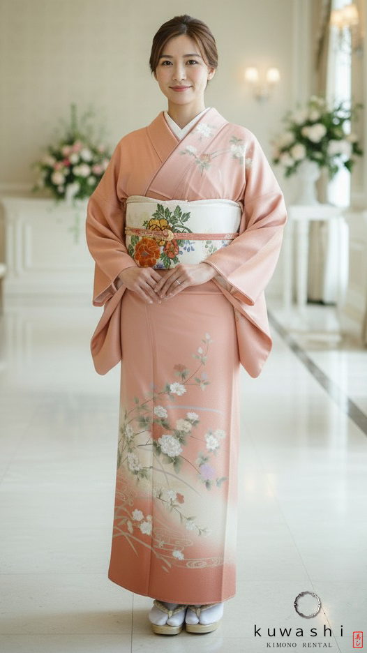 正絹訪問着レンタル】 10019 コーラルピンク地紋正絹訪問着袋帯