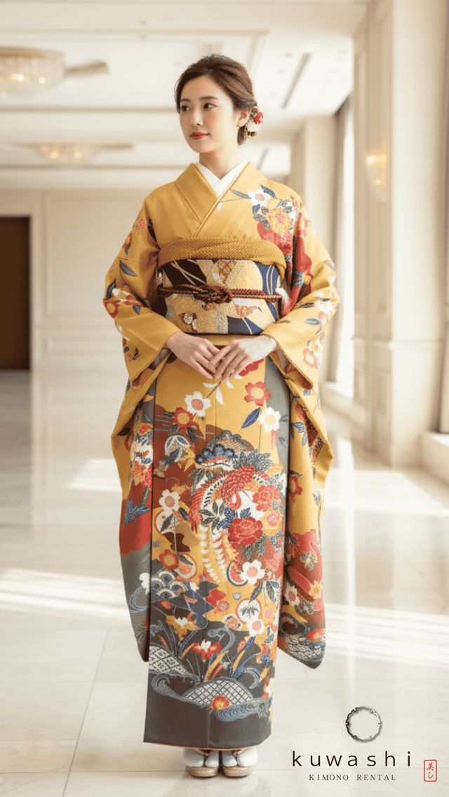 正絹振袖レンタル】 80009 からし色紅型正絹振袖袋帯セット