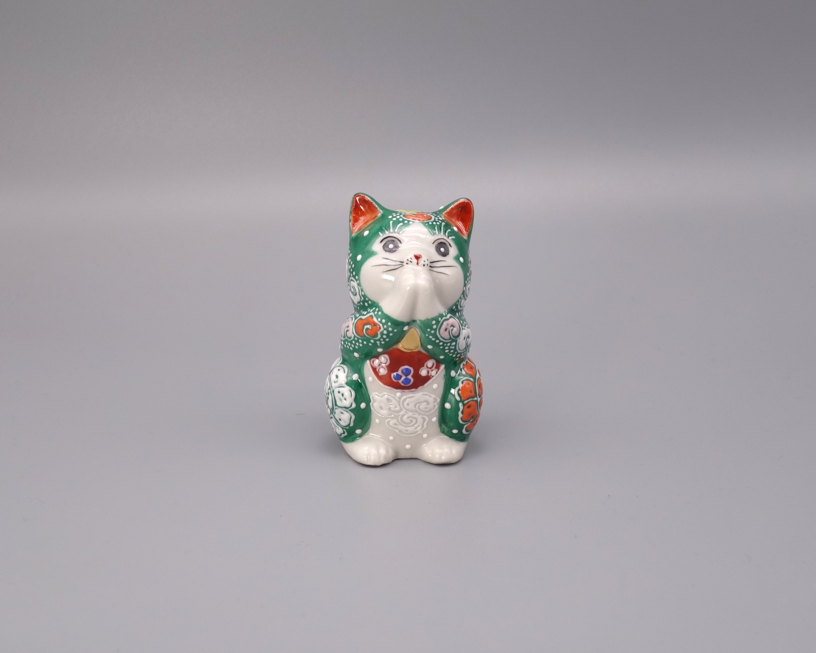 九谷焼 2.7号お祈り猫 緑盛